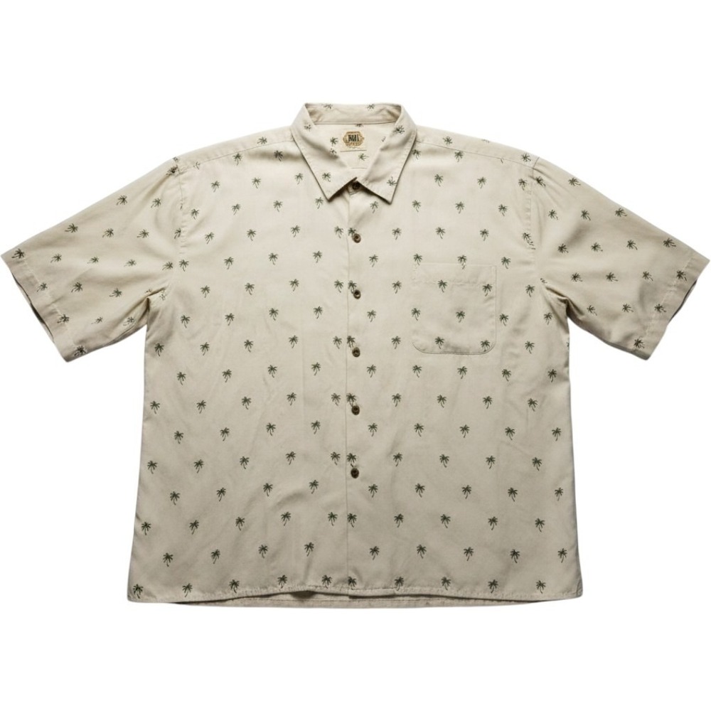 Pusser's West Indies Button Up Mens XXL Tan Silk Cotton Palm Tree Embroidered